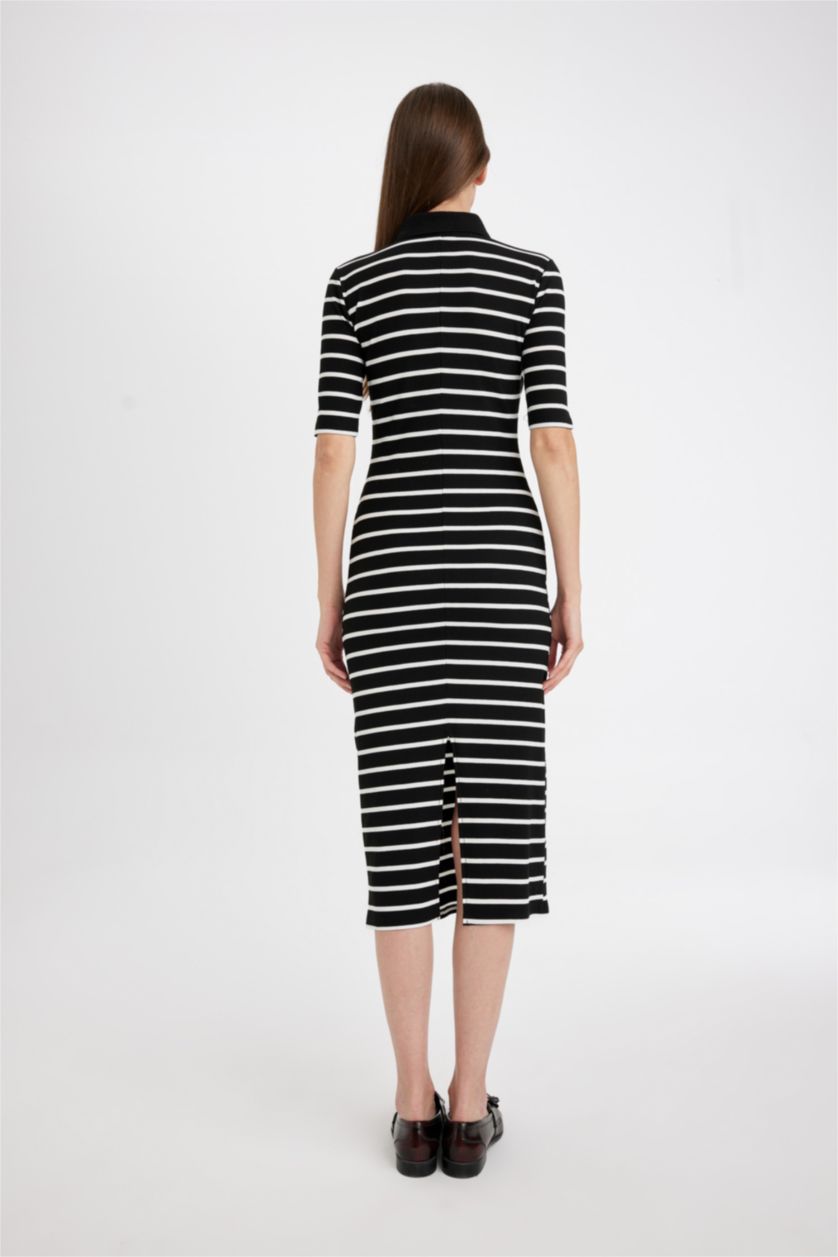Woman Black Bodycon Polo Collar Striped Camisole Midi Dress