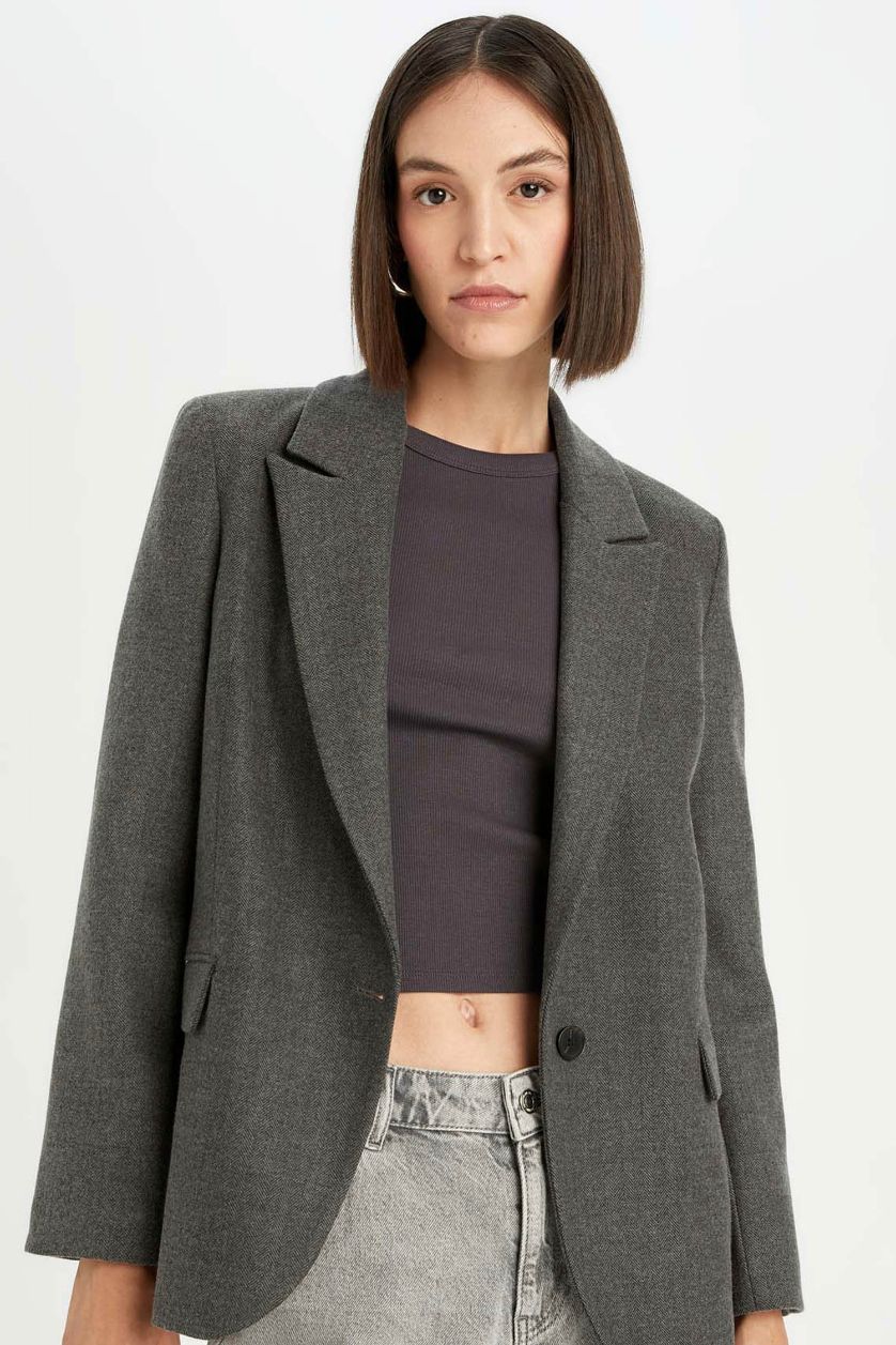 Kadın Antrasit Oversize Geniş Kalıp Ceket Yaka Düğmeli Basic Düz Blazer Ceket