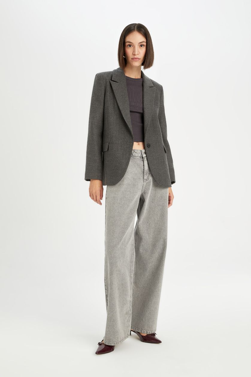 Kadın Antrasit Oversize Geniş Kalıp Ceket Yaka Düğmeli Basic Düz Blazer Ceket