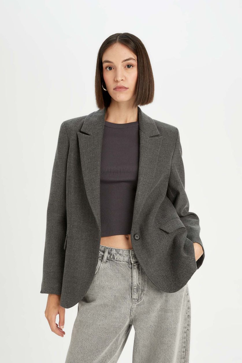 Kadın Antrasit Oversize Geniş Kalıp Ceket Yaka Düğmeli Basic Düz Blazer Ceket