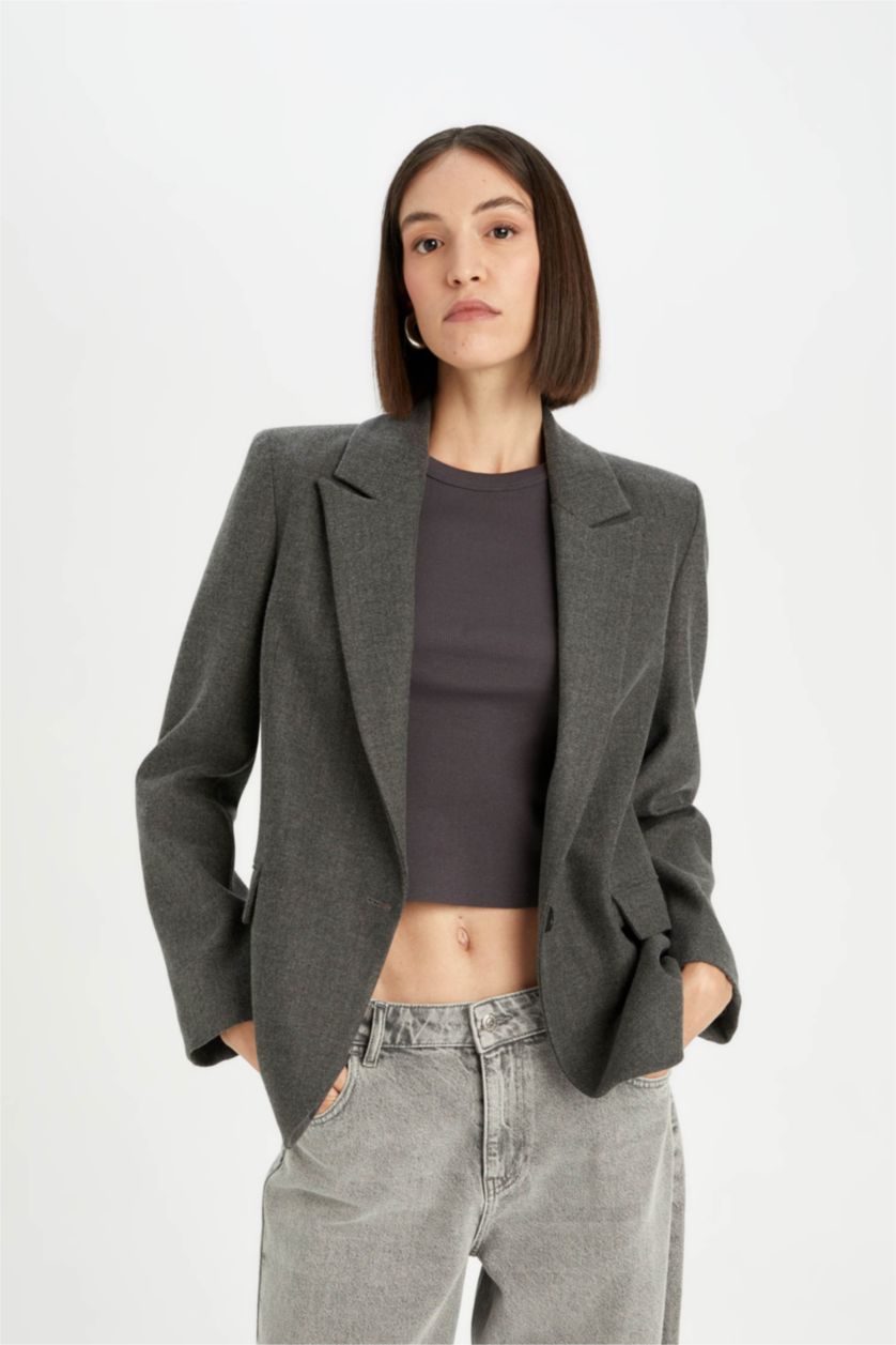Kadın Antrasit Oversize Geniş Kalıp Ceket Yaka Düğmeli Basic Düz Blazer Ceket