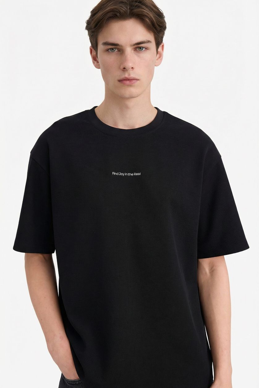 MAN Black Boxy Fit Crew Neck Printed Short Sleeve T-Shirt