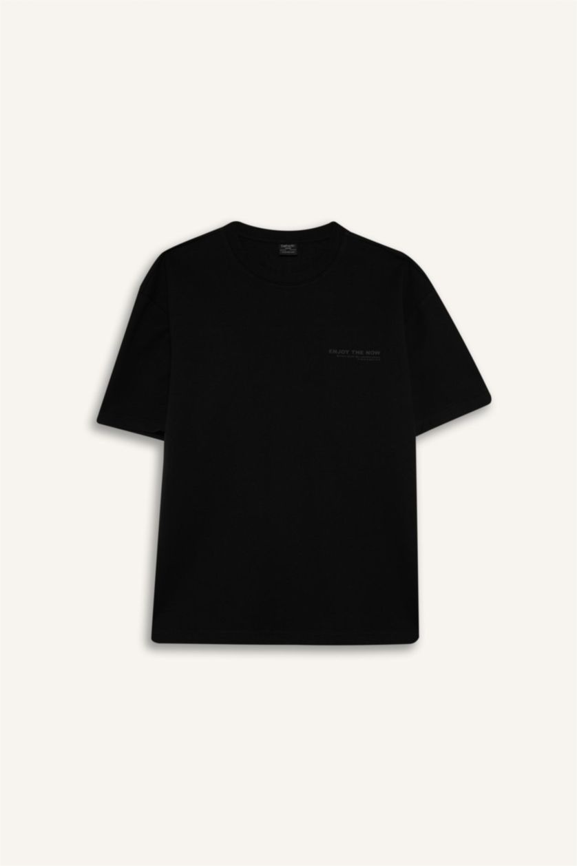 رجالي أسود تيشيرت نص كم تقيل اوفر سايز مطبوع