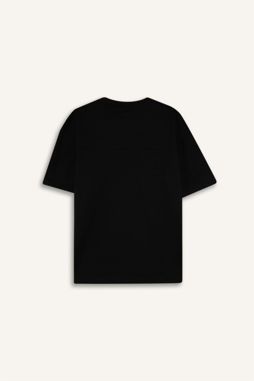 رجالي أسود تيشيرت نص كم تقيل اوفر سايز مطبوع