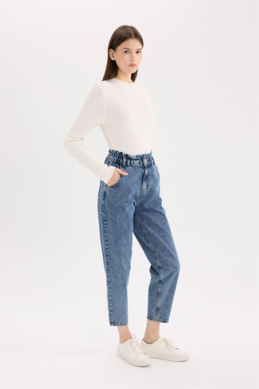 FEMME Bleu Pantalon Jean Paperbag taille haute à Coupe Relax à Effet délavé