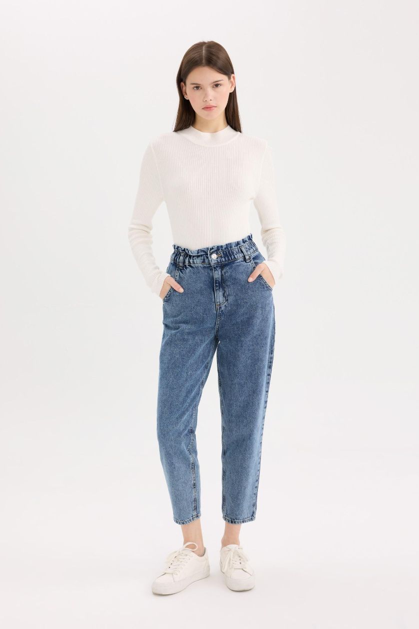 FEMME Bleu Pantalon Jean Paperbag taille haute à Coupe Relax à Effet délavé