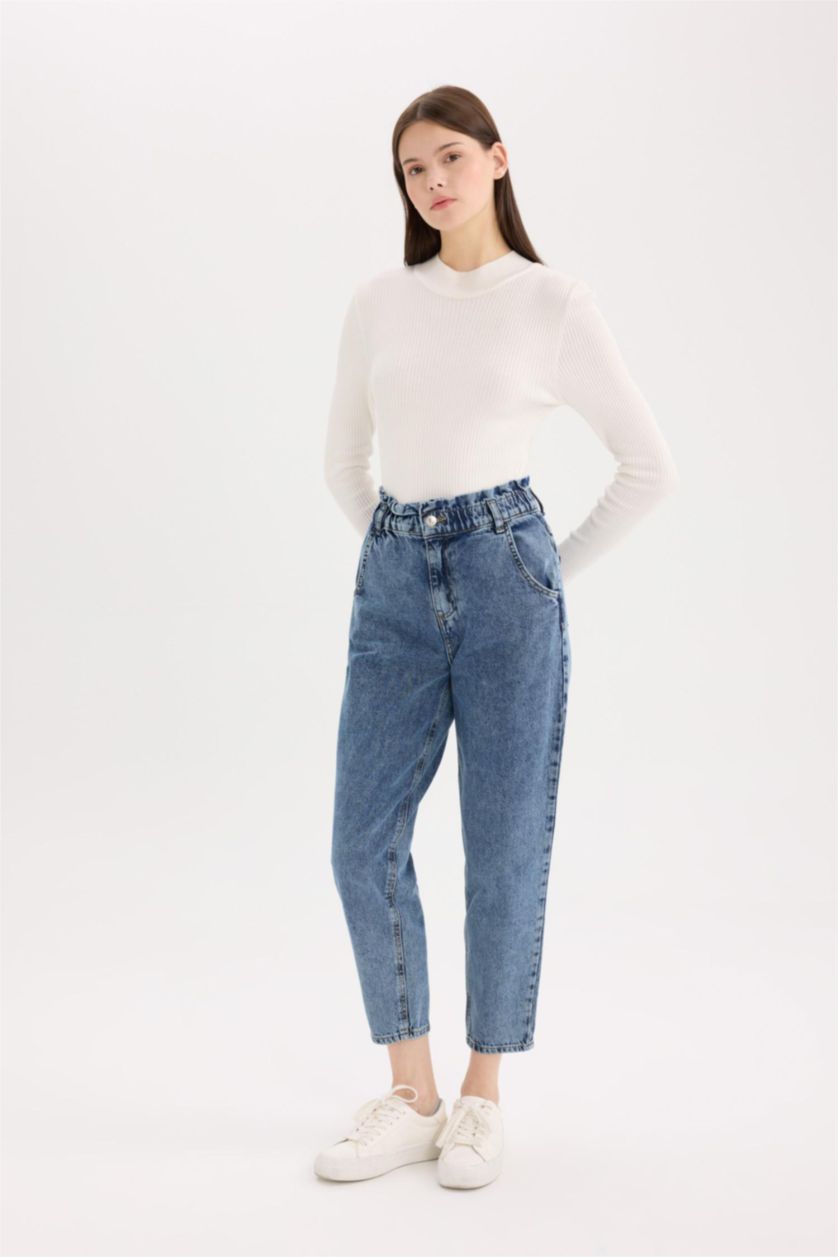 FEMME Bleu Pantalon Jean Paperbag taille haute à Coupe Relax à Effet délavé