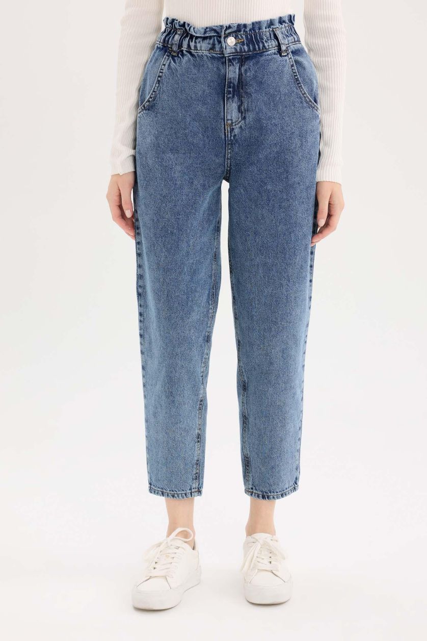 FEMME Bleu Pantalon Jean Paperbag taille haute à Coupe Relax à Effet délavé
