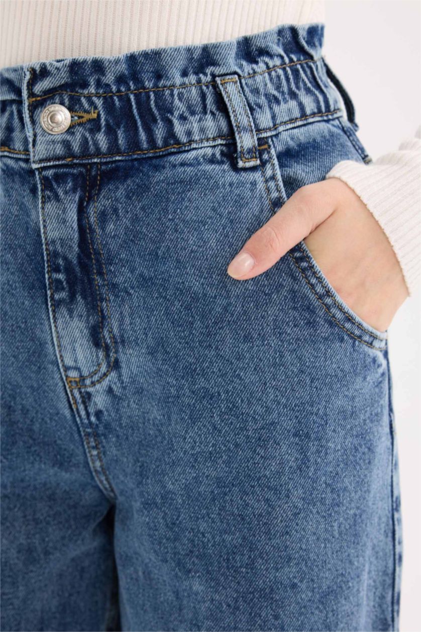 FEMME Bleu Pantalon Jean Paperbag taille haute à Coupe Relax à Effet délavé