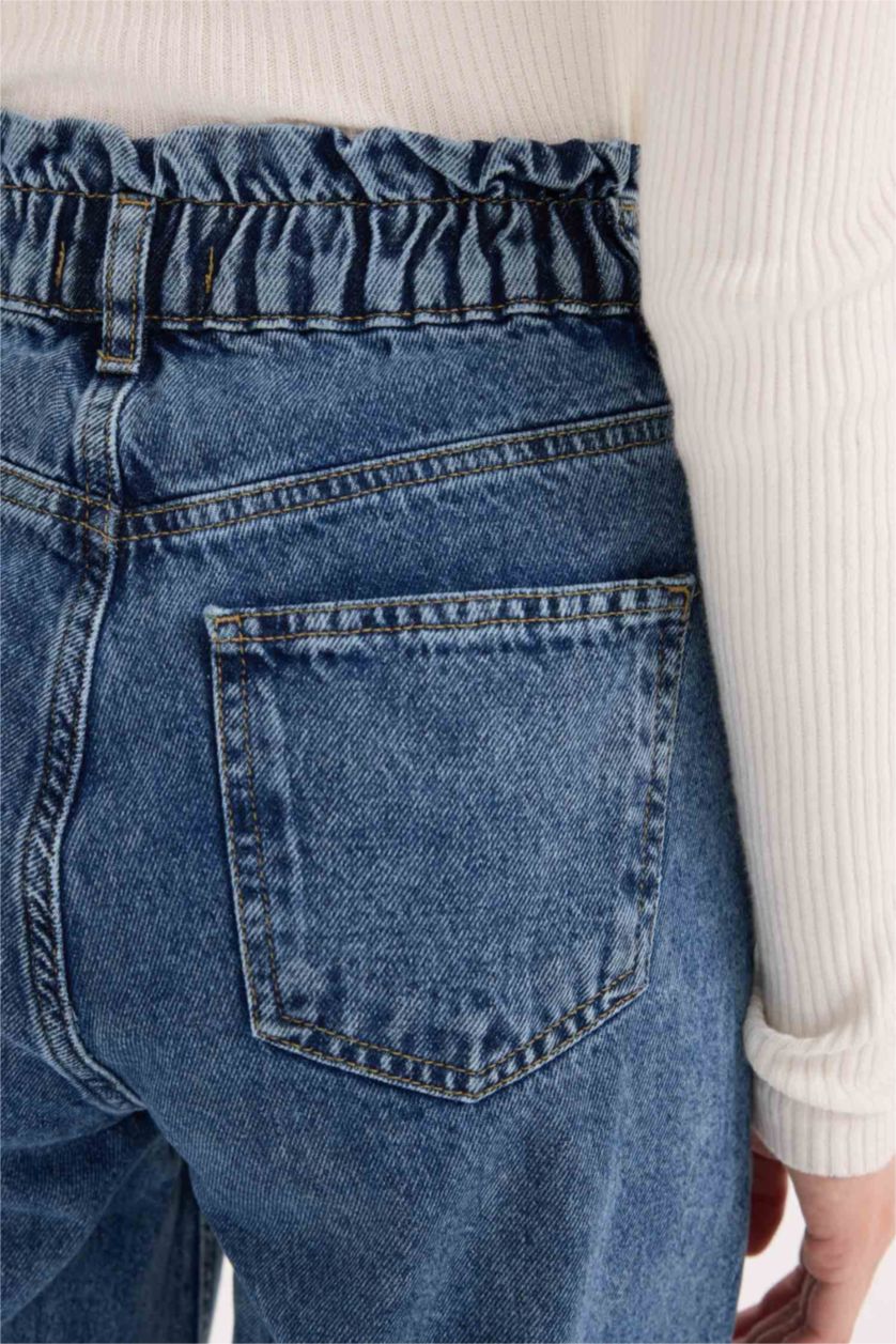 FEMME Bleu Pantalon Jean Paperbag taille haute à Coupe Relax à Effet délavé