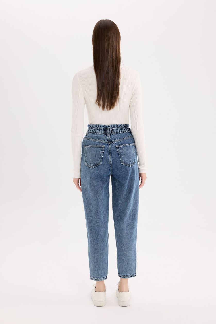 FEMME Bleu Pantalon Jean Paperbag taille haute à Coupe Relax à Effet délavé