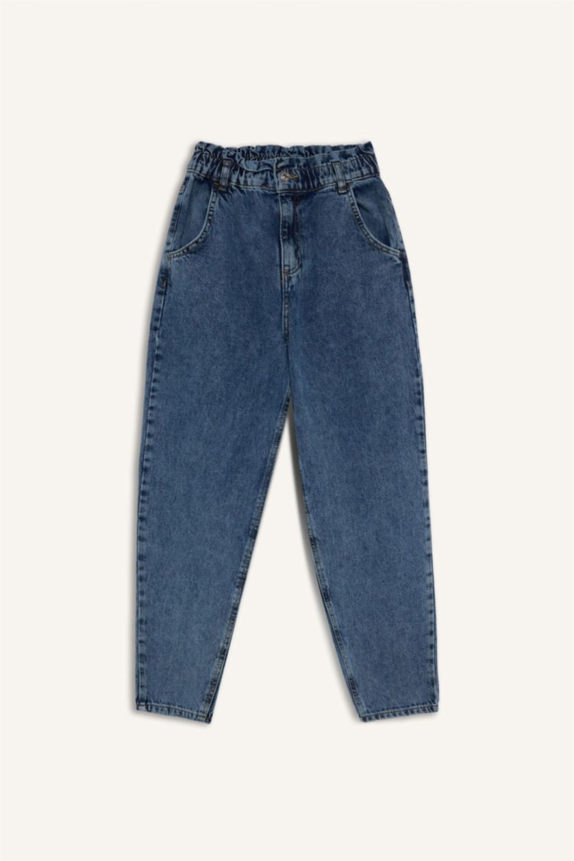 FEMME Bleu Pantalon Jean Paperbag taille haute à Coupe Relax à Effet délavé