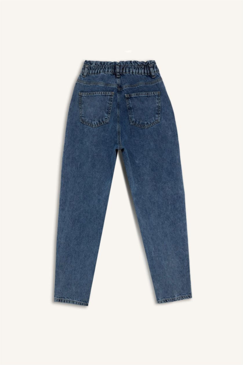 FEMME Bleu Pantalon Jean Paperbag taille haute à Coupe Relax à Effet délavé
