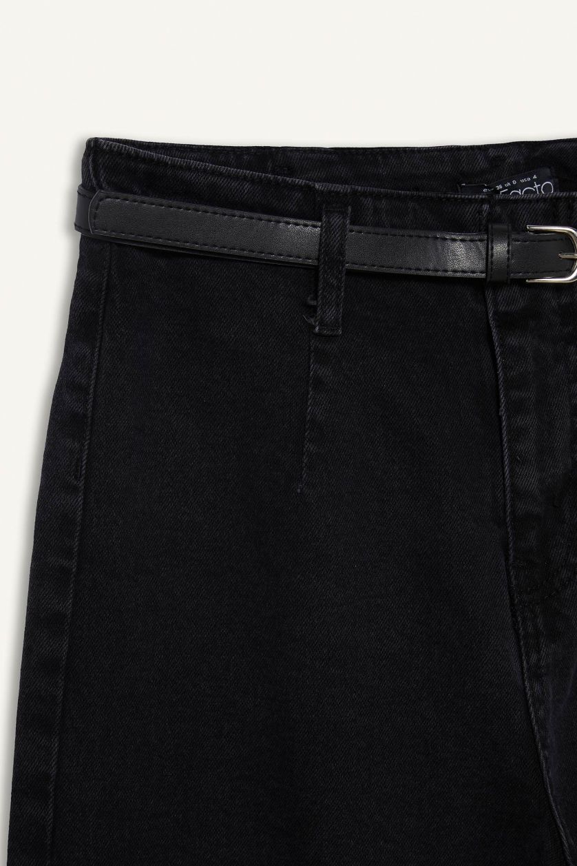 Kadın Siyah Culotte Yüksek Bel Rahat Kalıp Bilek Boy İspanyol Paça Kemerli Jean Yıkamalı Pantolon