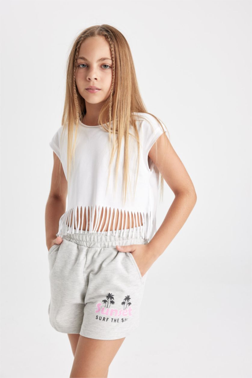 Kız Çocuk - Genç Kız Kırık Beyaz Kız Çocuk Crop Kısa Kollu Tişört