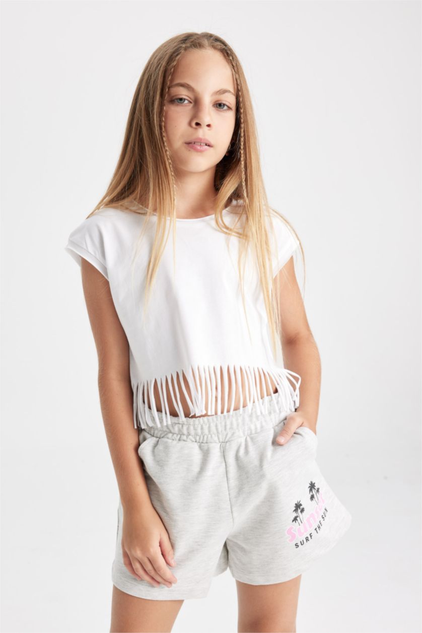 Kız Çocuk - Genç Kız Kırık Beyaz Kız Çocuk Crop Kısa Kollu Tişört