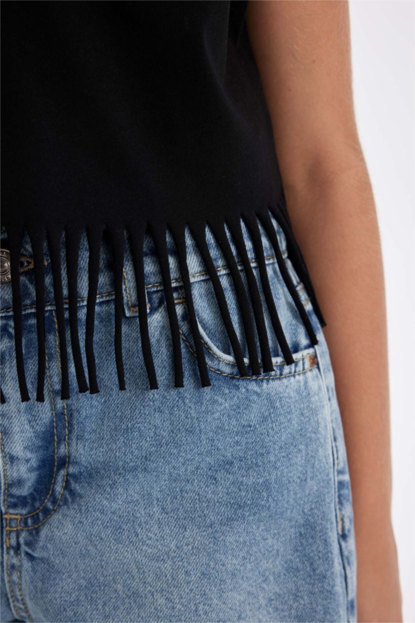 Kız Çocuk - Genç Kız Siyah Bisiklet Yaka Crop Kısa Kollu Tişört Kız Çocuk