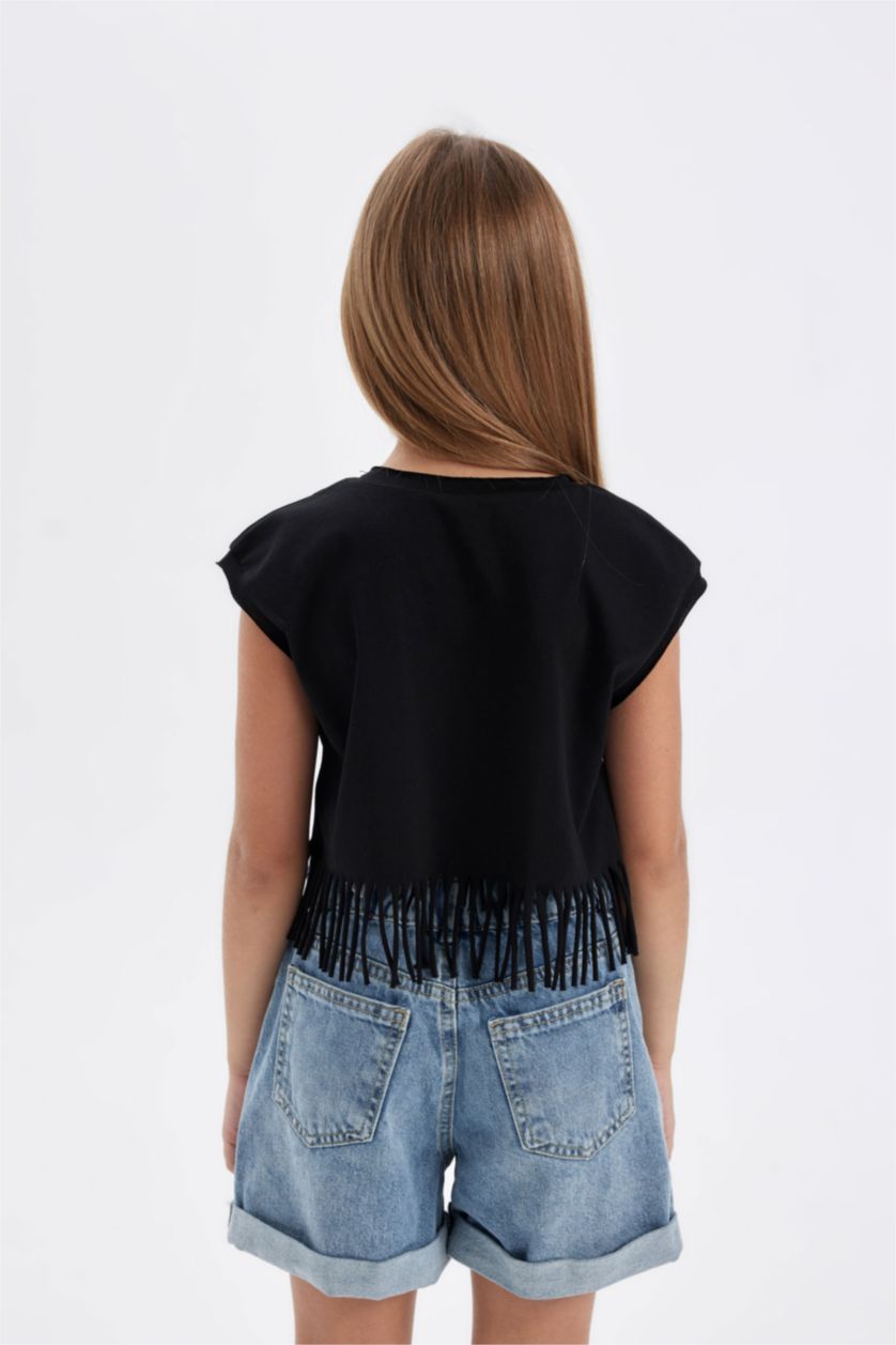 Kız Çocuk - Genç Kız Siyah Bisiklet Yaka Crop Kısa Kollu Tişört Kız Çocuk