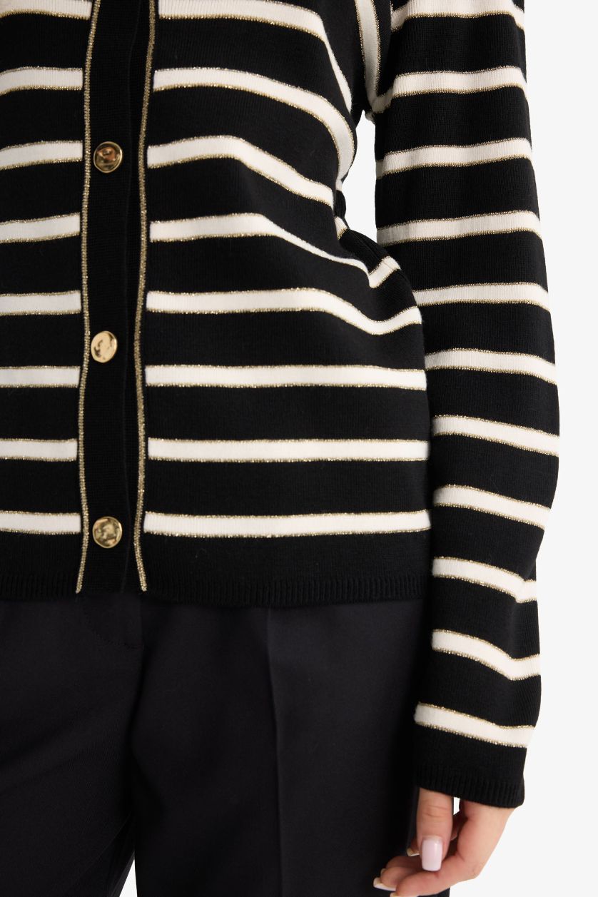 حريمي أسود كارديجان تريكو مخطط قصة عادية بياقة مستديرة