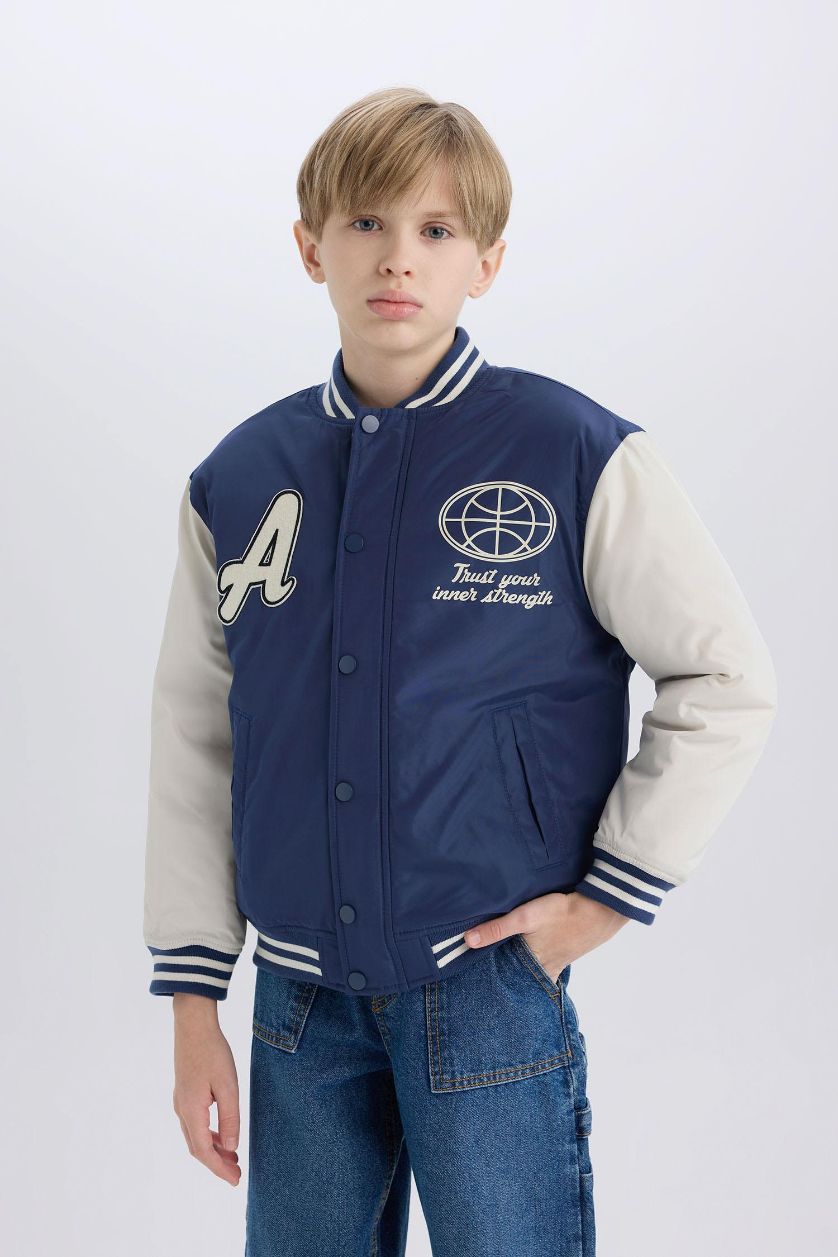 Erkek Çocuk - Genç Erkek İndigo Kolej Yaka Sırt Baskılı Çıtçıtlı Bomber Mont Erkek Çocuk