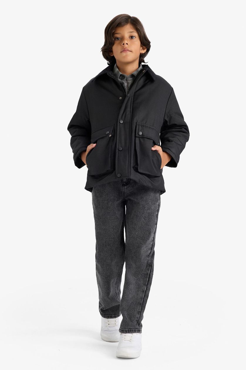 Erkek Çocuk - Genç Erkek Siyah Polo Yaka Çıtçıtlı Mont Erkek Çocuk
