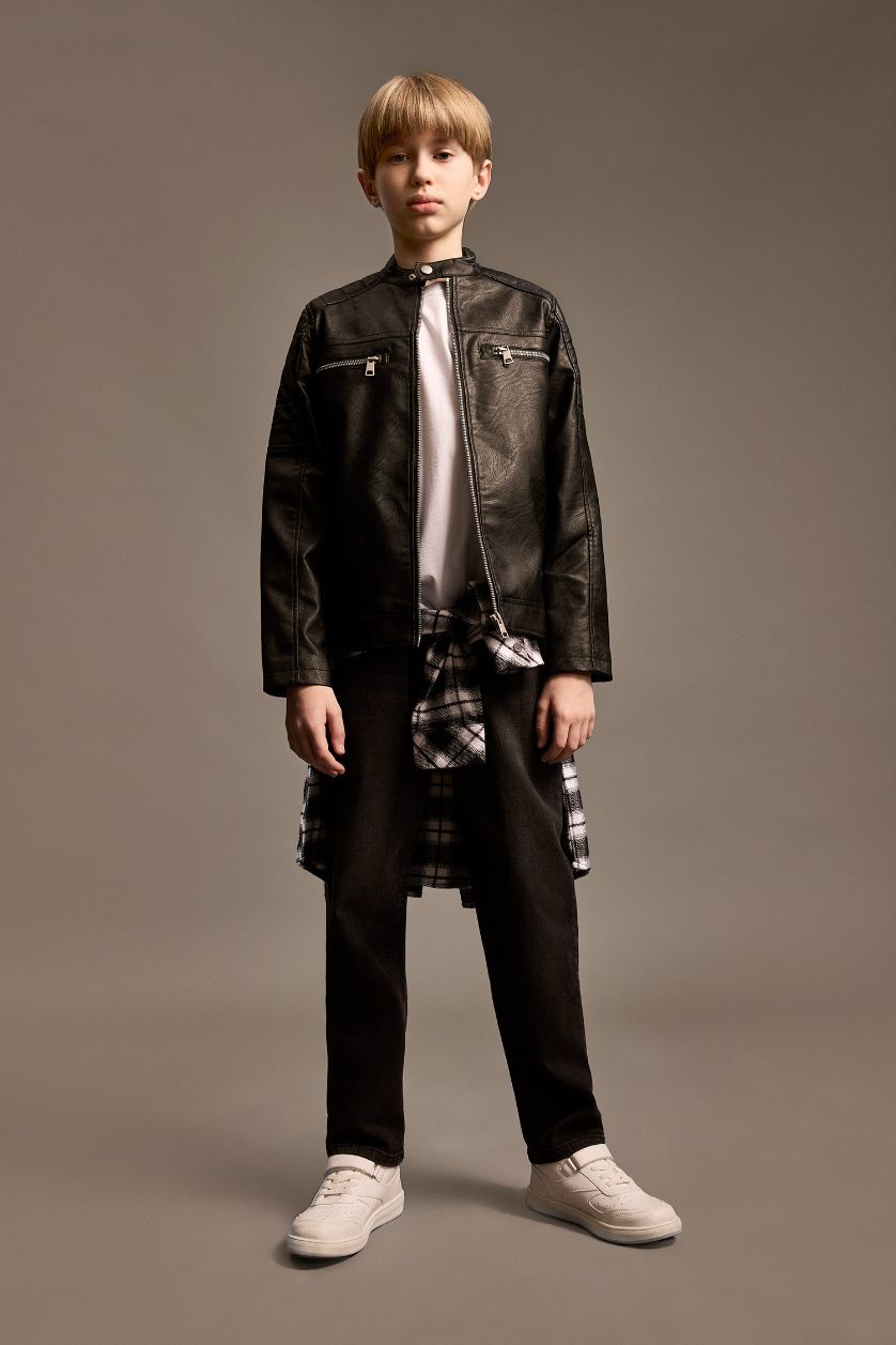 أولادي أسود جاكيت وتر بروف اولادي جلد صناعي بياقة عالية