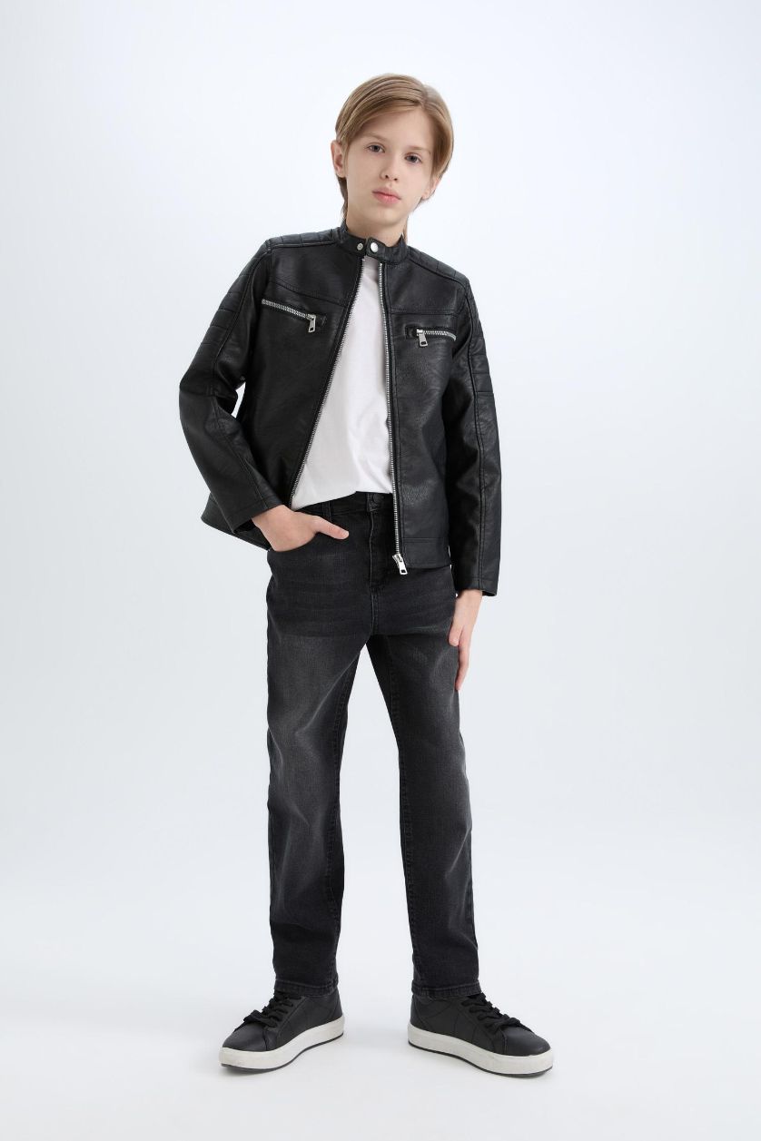 أولادي أسود جاكيت وتر بروف اولادي جلد صناعي بياقة عالية