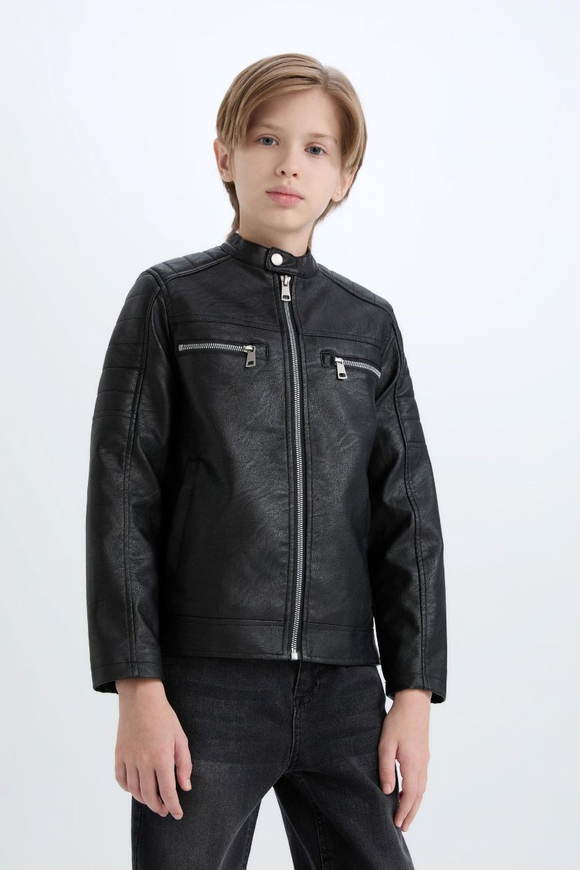 أولادي أسود جاكيت وتر بروف اولادي جلد صناعي بياقة عالية