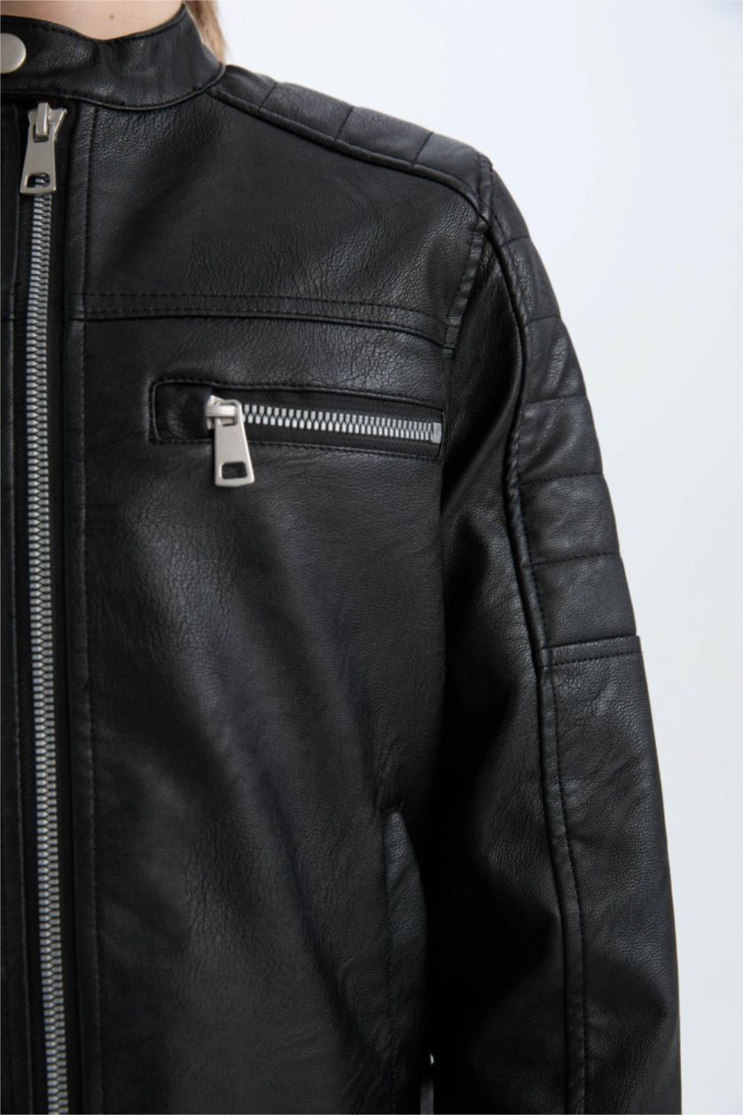 أولادي أسود جاكيت وتر بروف اولادي جلد صناعي بياقة عالية