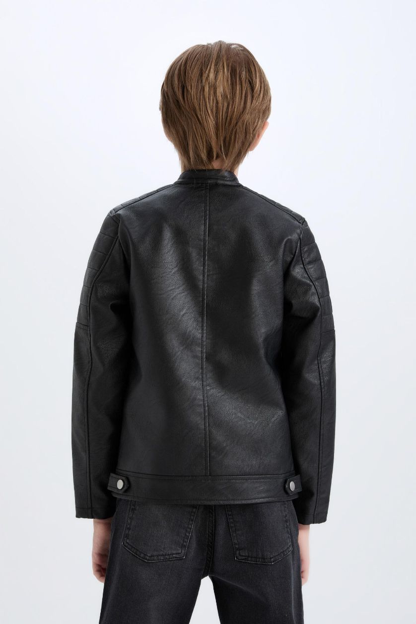 أولادي أسود جاكيت وتر بروف اولادي جلد صناعي بياقة عالية