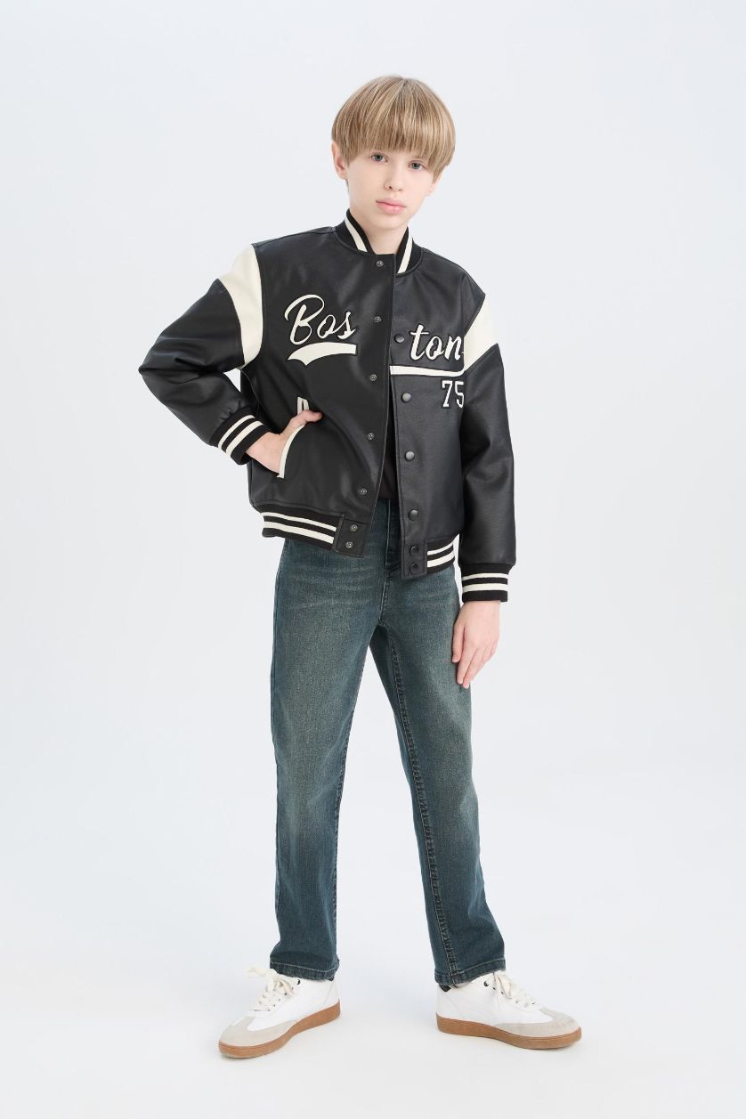 Erkek Çocuk - Genç Erkek Siyah Erkek Çocuk Su Geçirmez Kolej Yaka Çıtçıtlı Bomber Ceket Mont