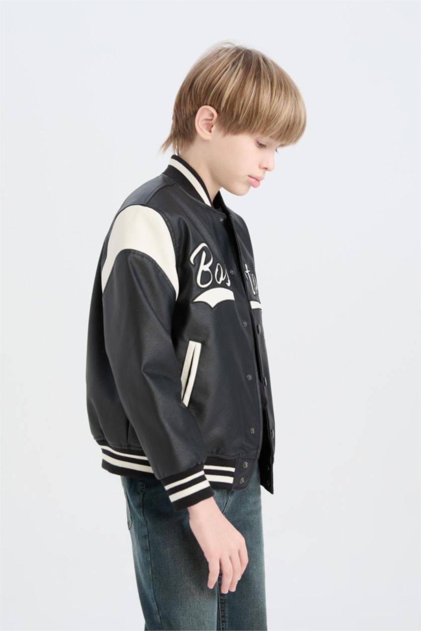 Erkek Çocuk - Genç Erkek Siyah Erkek Çocuk Su Geçirmez Kolej Yaka Çıtçıtlı Bomber Ceket Mont