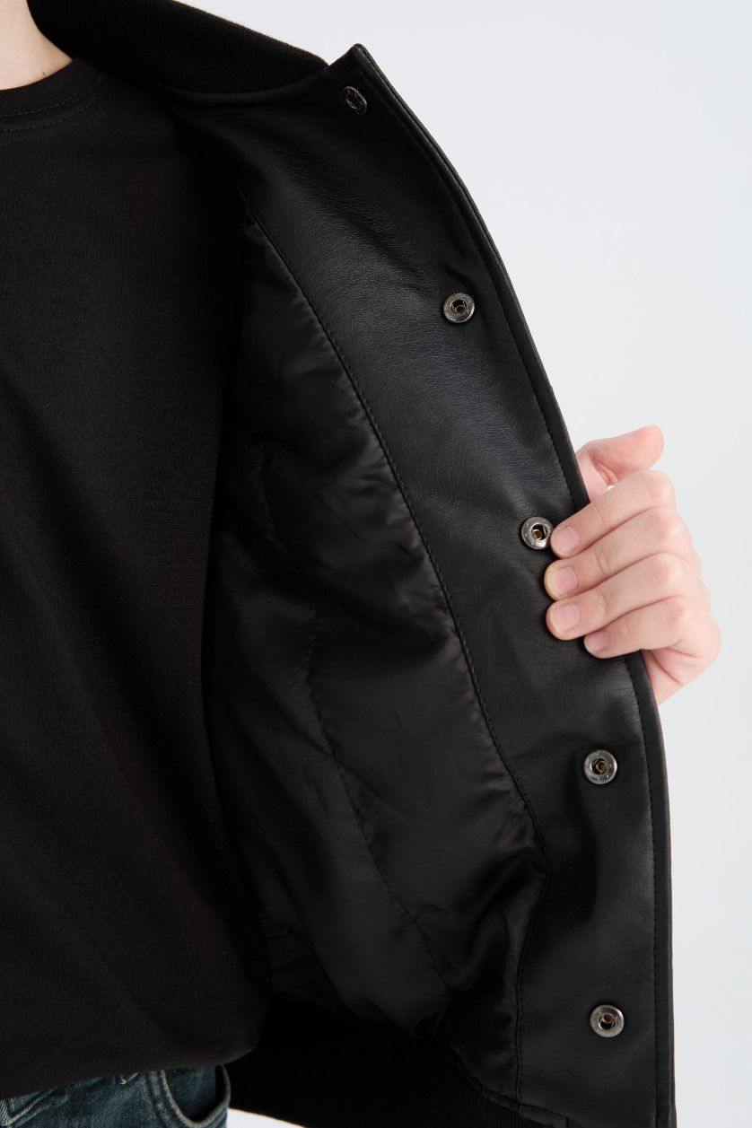 Erkek Çocuk - Genç Erkek Siyah Erkek Çocuk Su Geçirmez Kolej Yaka Çıtçıtlı Bomber Ceket Mont