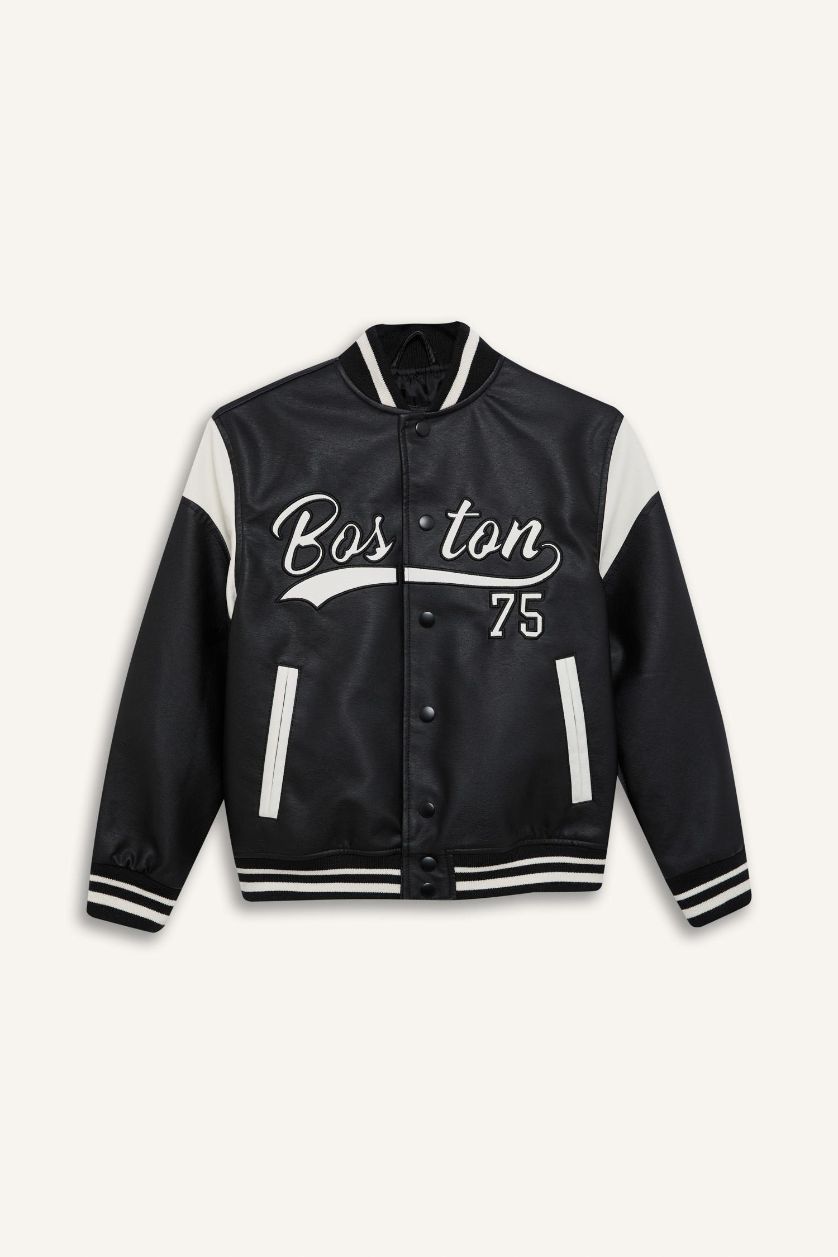 Erkek Çocuk - Genç Erkek Siyah Erkek Çocuk Su Geçirmez Kolej Yaka Çıtçıtlı Bomber Ceket Mont