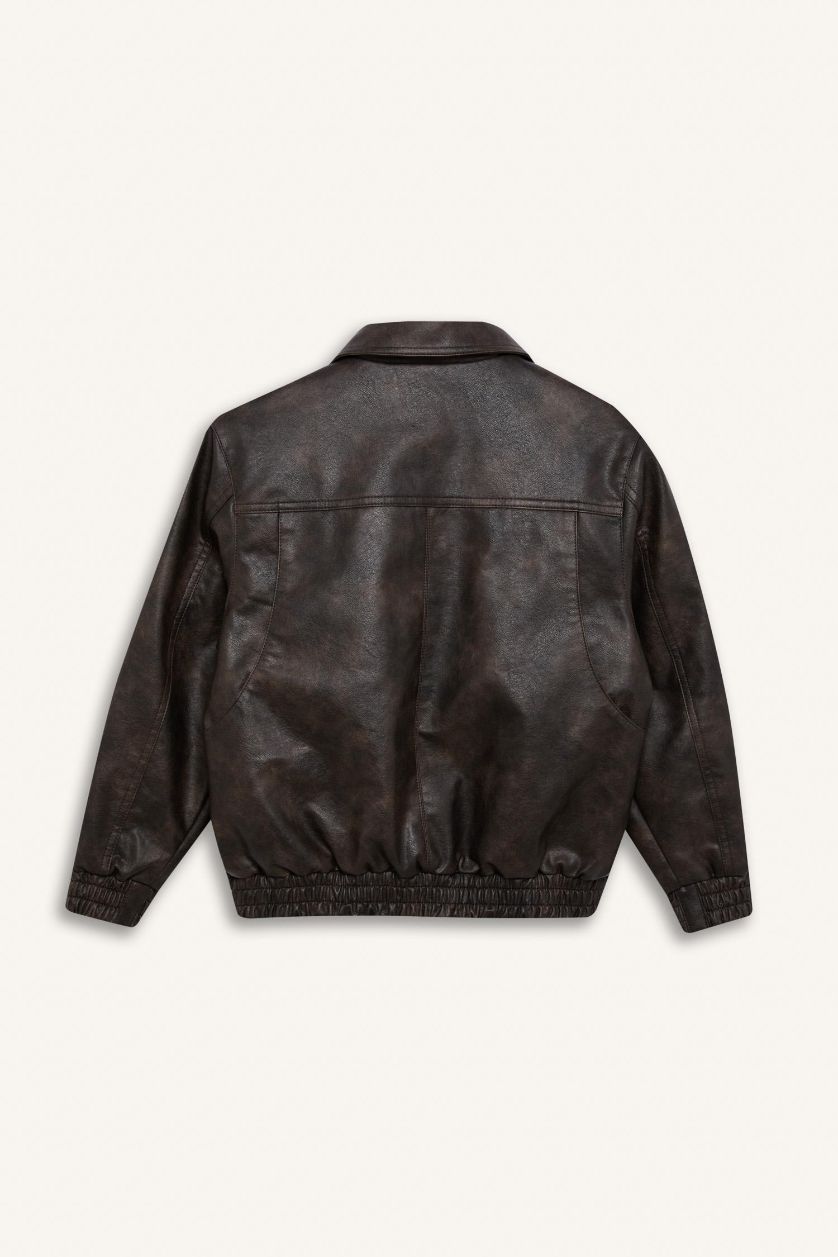 أولادي بني جاكيت جلد صناعي اولادي وتر بروف بياقة بولو بسوسته