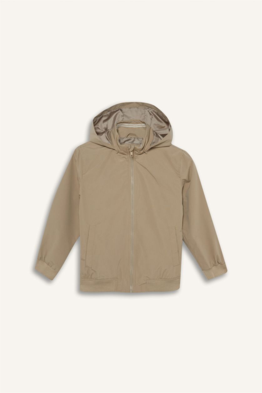 Erkek Çocuk - Genç Erkek Bej Su Geçirmez Kapüşonlu Fermuarlı Mont Erkek Çocuk