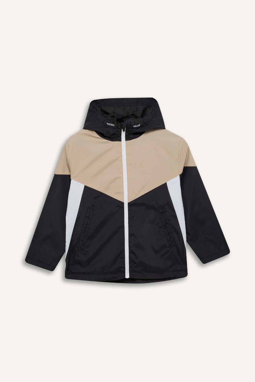 Erkek Çocuk - Genç Erkek Siyah Su İtici Kapüşonlu Fermuarlı Cepli Yağmurluk Erkek Çocuk