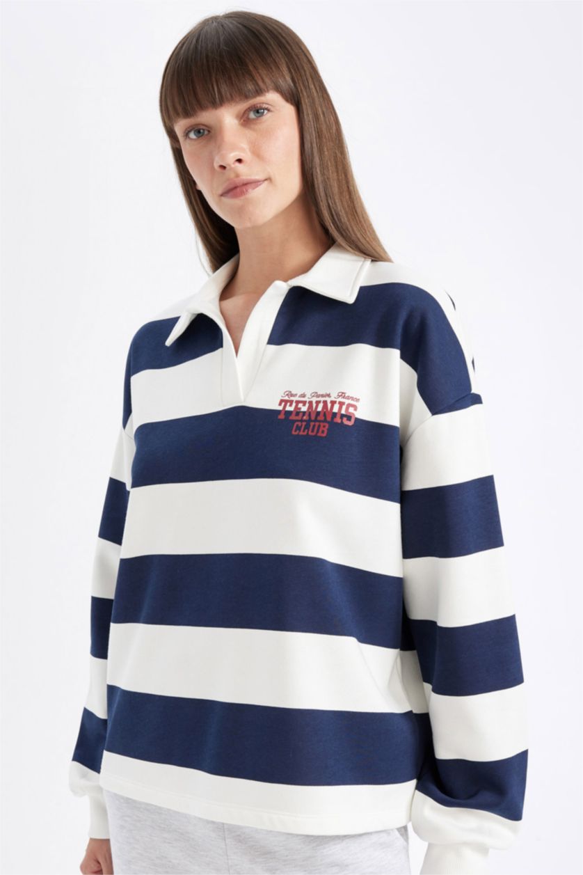 Kadın Lacivert Relax Fit Polo Yaka Baskılı Çizgili Kalın Sweatshirt