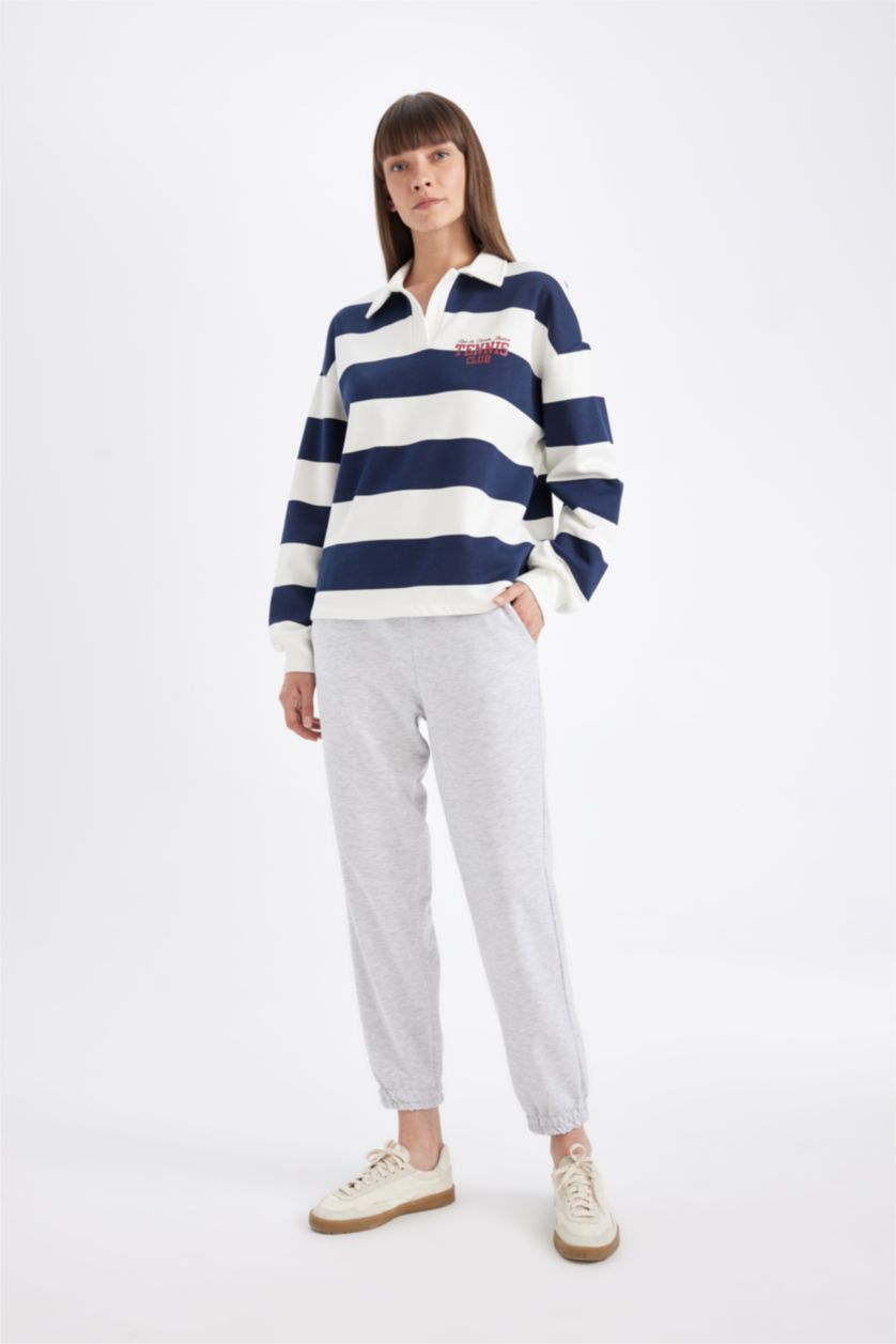 Kadın Lacivert Relax Fit Polo Yaka Baskılı Çizgili Kalın Sweatshirt