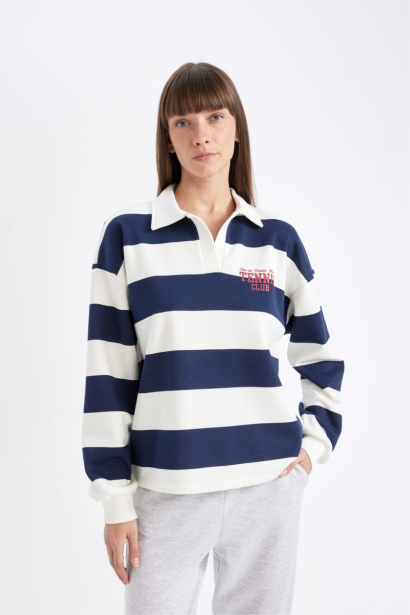 Kadın Lacivert Relax Fit Polo Yaka Baskılı Çizgili Kalın Sweatshirt