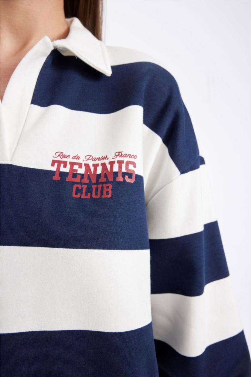 Kadın Lacivert Relax Fit Polo Yaka Baskılı Çizgili Kalın Sweatshirt