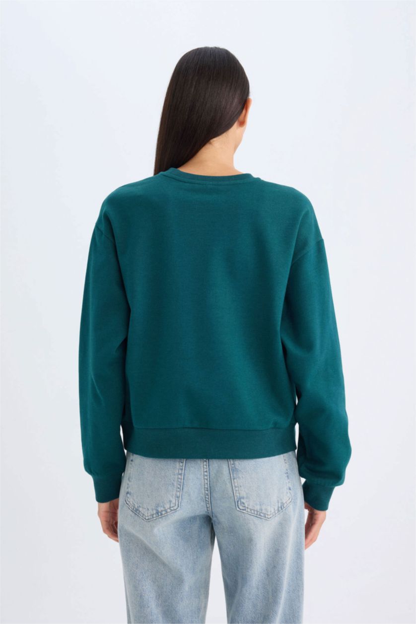 نساء أخضر غامق سويت شيرت قصة عادية برقبة مستديرة بطبعة