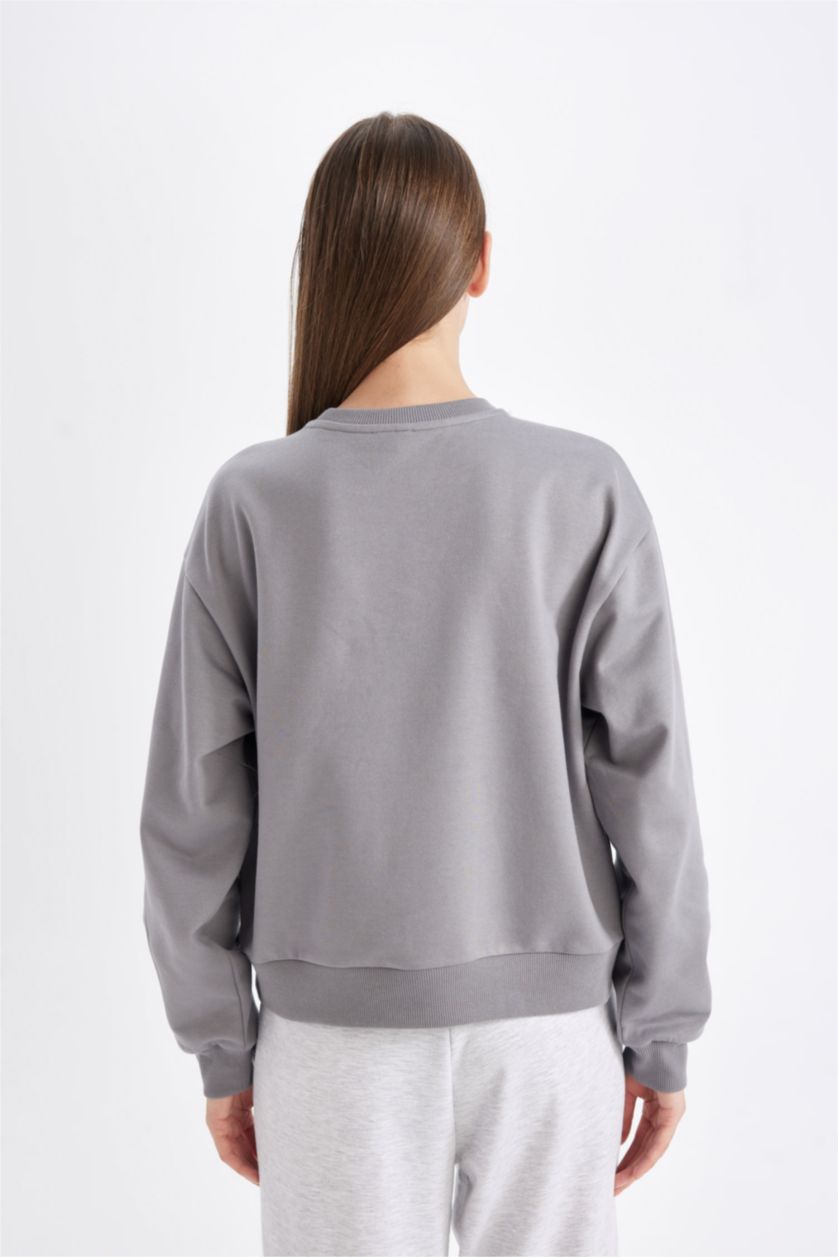 نساء رمادي سويت شيرت خفيف قصة عادية برقبة مستديرة