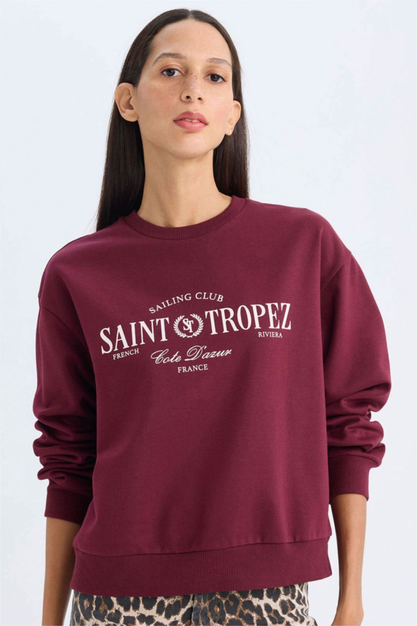 FEMME Bordeaux Sweat-shirt imprimé Coupe régulière à Col rond et à manches longues