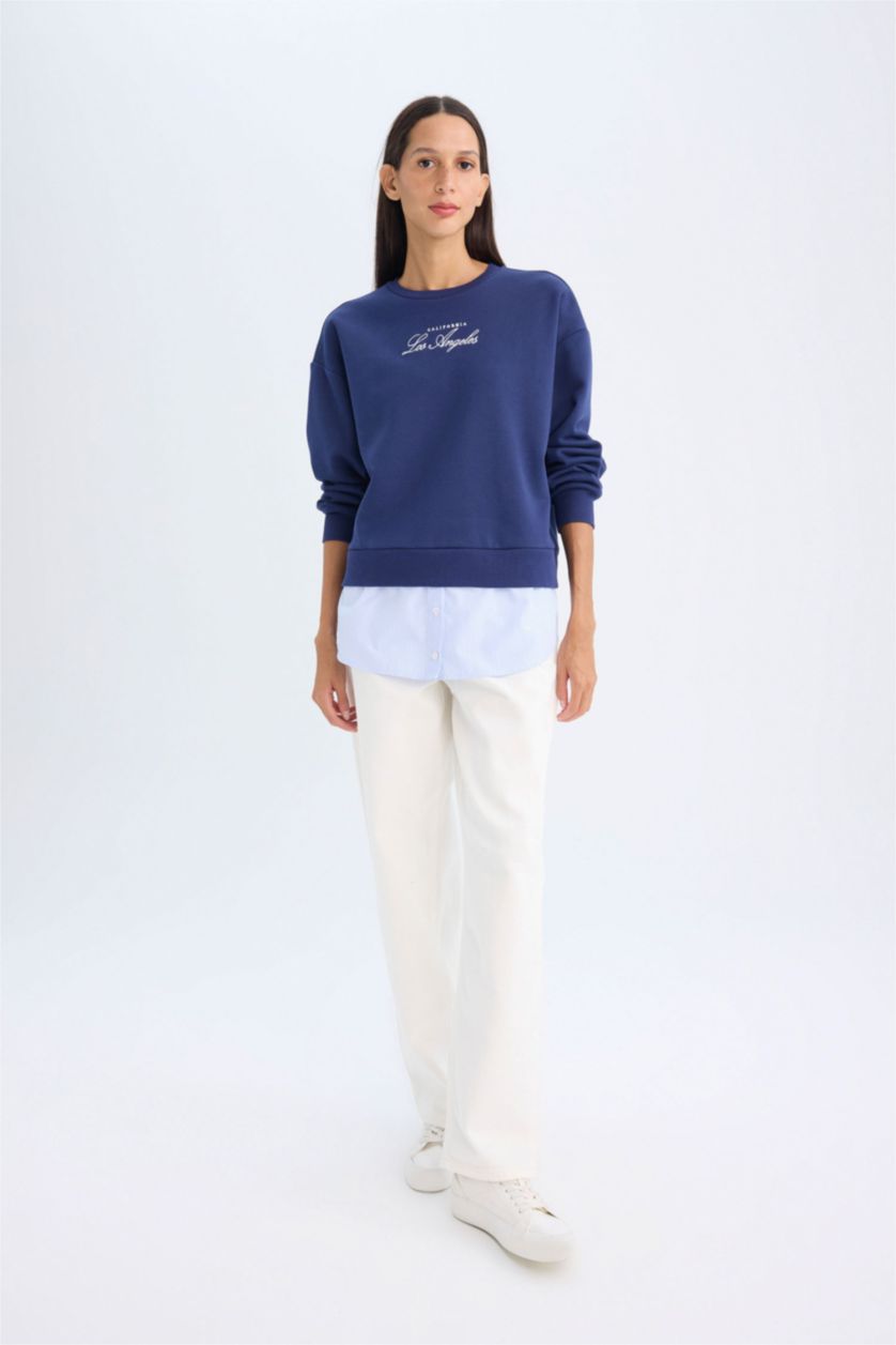 Kadın Lacivert Bisiklet Yaka Baskılı Etek Ucu Detaylı  Kalın  Sweatshirt