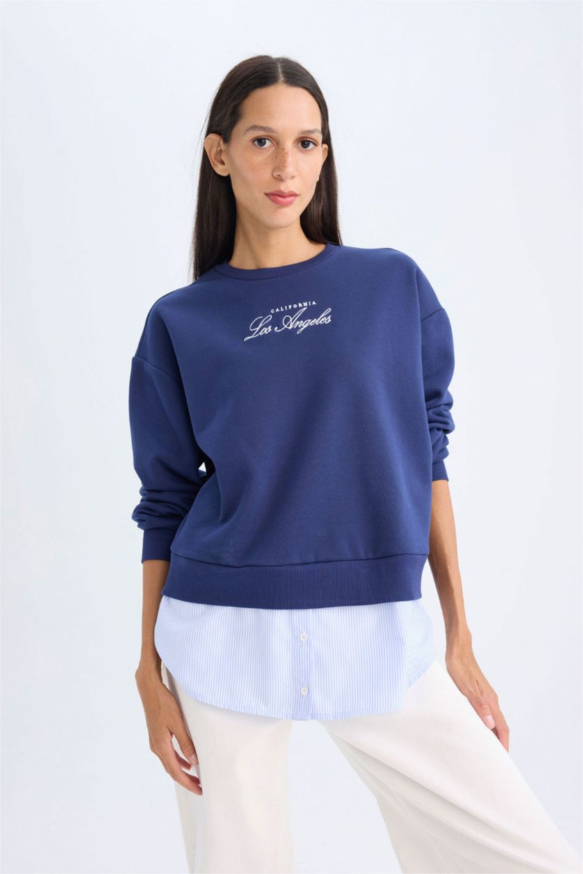 Kadın Lacivert Bisiklet Yaka Baskılı Etek Ucu Detaylı  Kalın  Sweatshirt