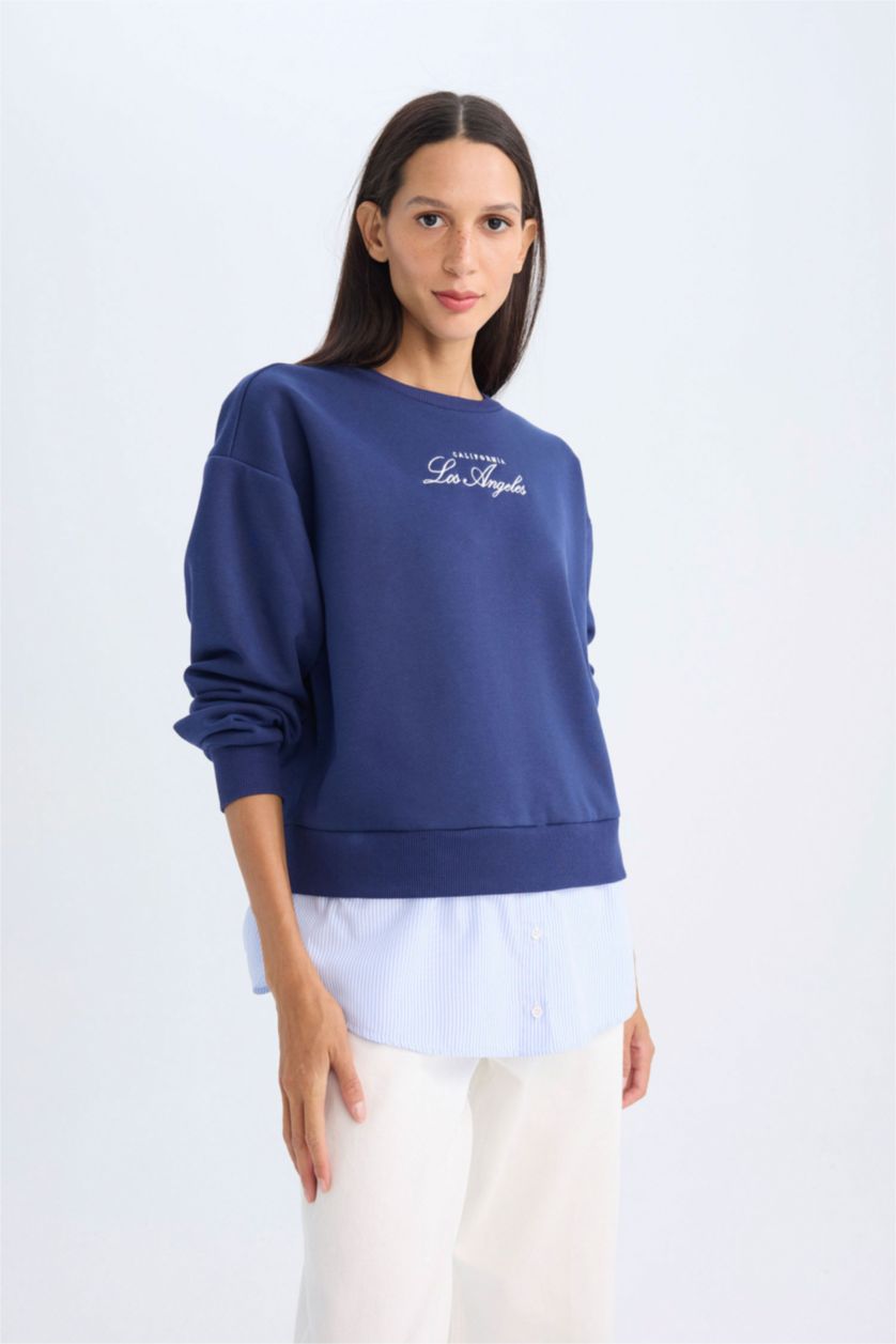 Kadın Lacivert Bisiklet Yaka Baskılı Etek Ucu Detaylı  Kalın  Sweatshirt