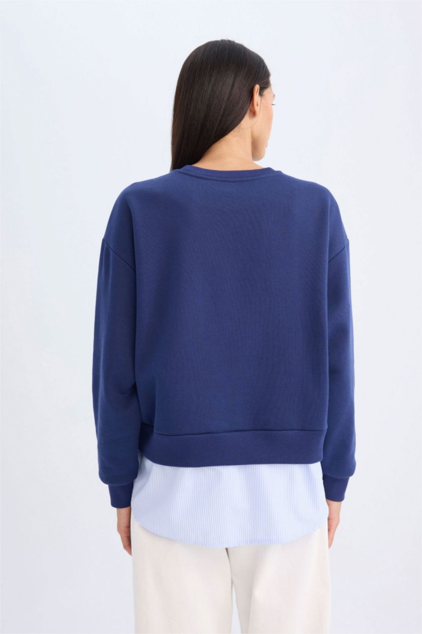 Kadın Lacivert Bisiklet Yaka Baskılı Etek Ucu Detaylı  Kalın  Sweatshirt