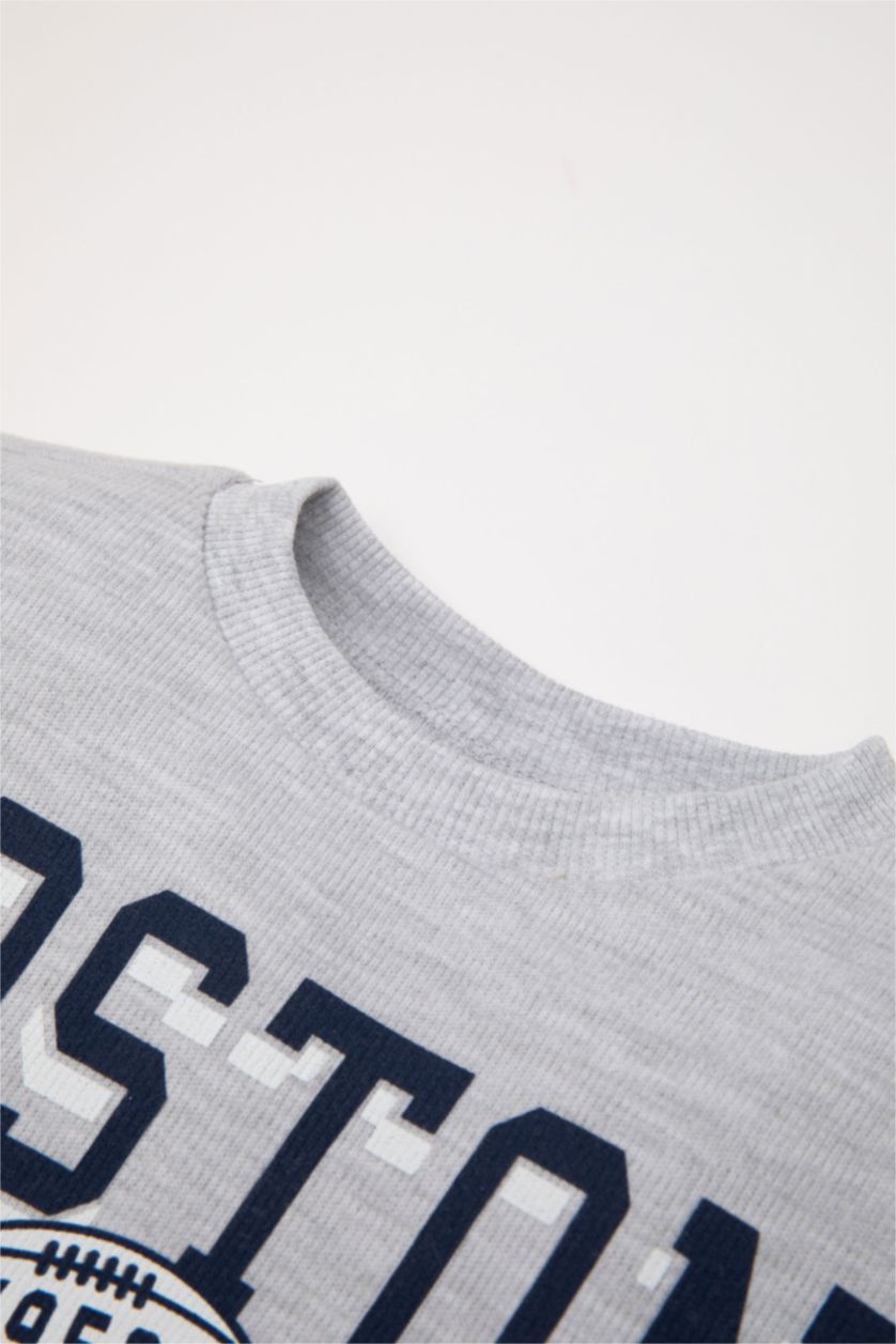 Erkek Bebek Açık Gri Melange Erkek Bebek 2'li Takım Baskılı Selanik Kumaş Sweatshirt Jogger Eşofman Altı