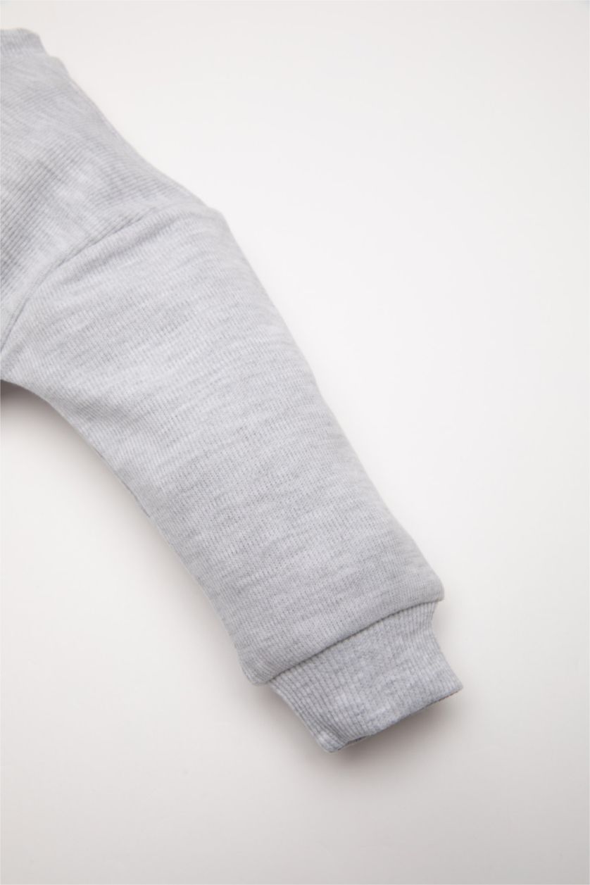 Erkek Bebek Açık Gri Melange Erkek Bebek 2'li Takım Baskılı Selanik Kumaş Sweatshirt Jogger Eşofman Altı